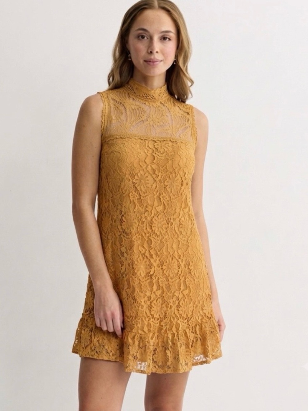 Rewind Mustard Yellow Mock Neck Lace Shift Mini Ruffle Hem Dress S (jrs) Boho